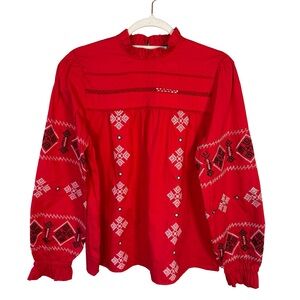 BBWM Red Embroidered Blouse Top Size L Floral Festival Cottagecore Romantic